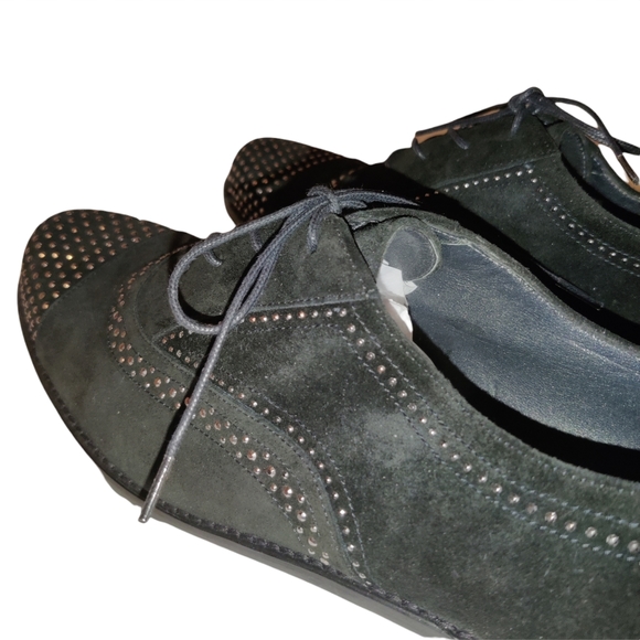 Stuart Weitzman Leather Suede Lace Up Studded Heeled Oxford Loafers - Picture 5 of 16